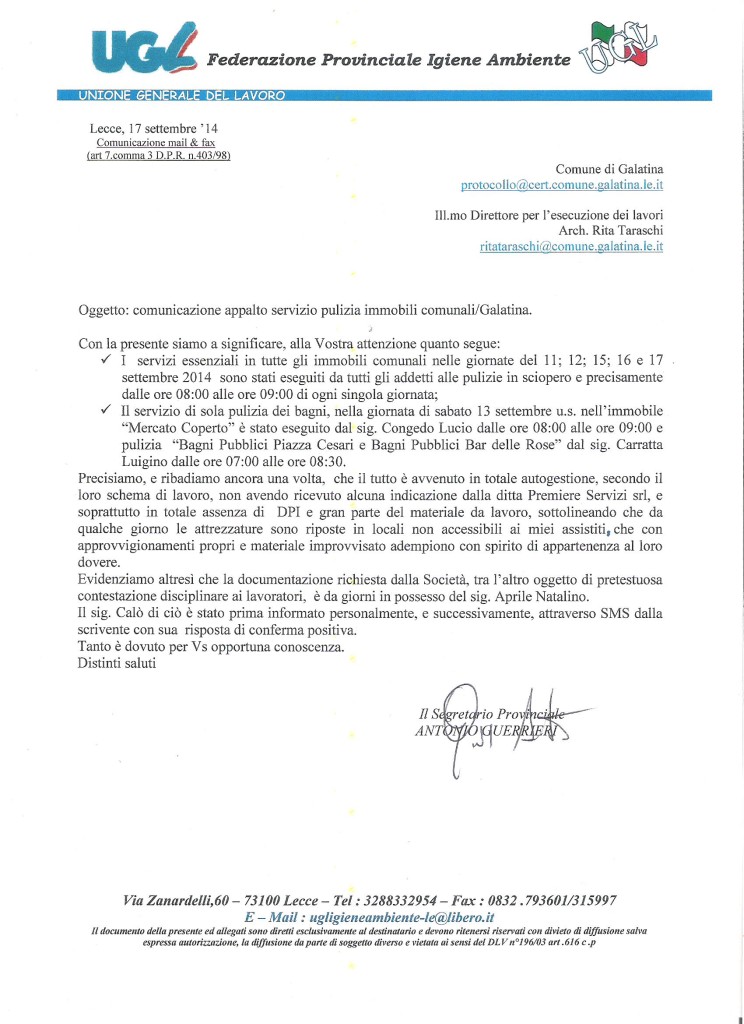 comunicazione appalto servizio pulizia immobili di Galatina del 17.09.2014