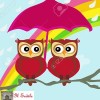 Owls couple under umbrella, autumn rainy day